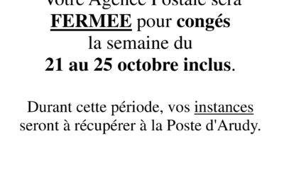 Agence Postale : fermeture pour congés