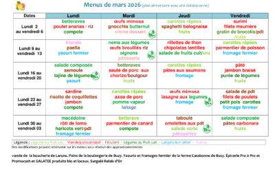 Cantine scolaire : menus du mois de mars